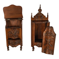 Pair Antique French Provincial Carved Walnut Kitchen Salt Flour Boxes Fariniere