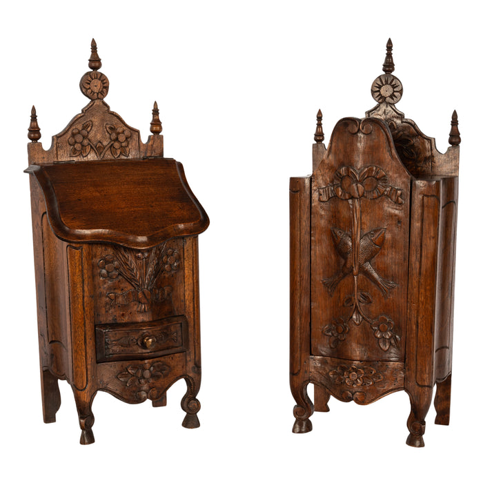 Pair Antique French Provincial Carved Walnut Kitchen Salt Flour Boxes Fariniere