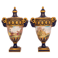 Pair French Antique Porcelain Rams Head lidded Vases Urns PotPourri Veuve Perrin