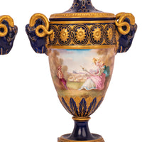 Pair French Antique Porcelain Rams Head lidded Vases Urns PotPourri Veuve Perrin