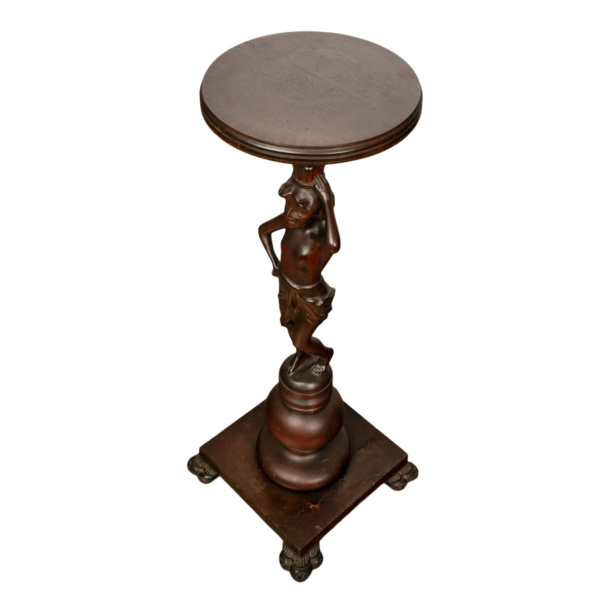 Antique Italian Carved Walnut Statue Pedestal Wine Candle Lamp Stand Table 1900