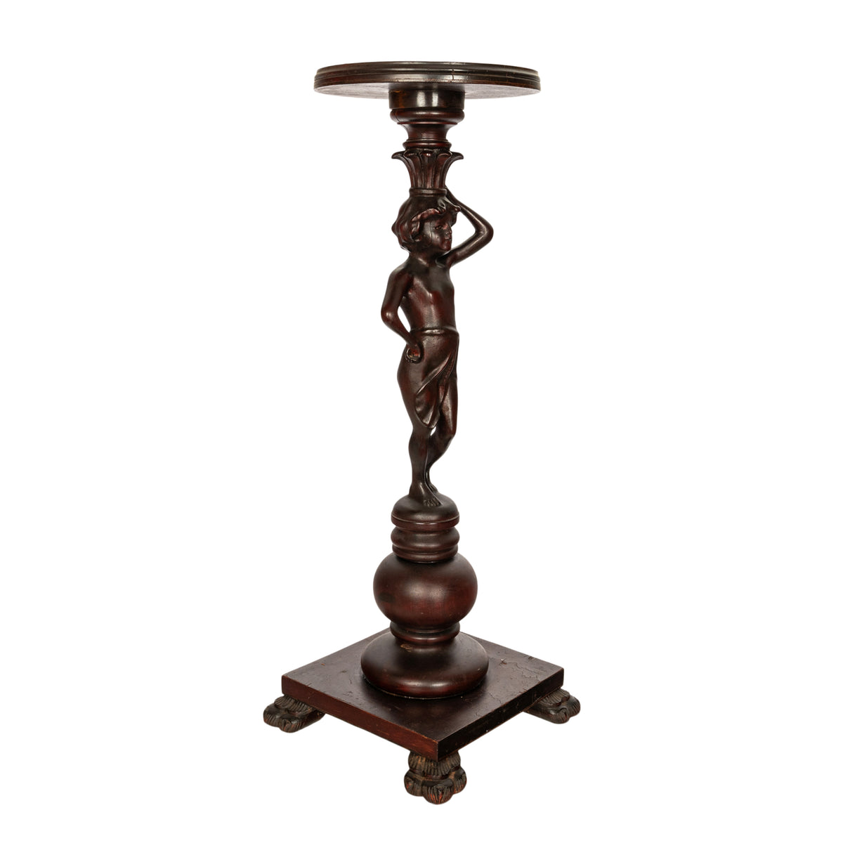 Antique Italian Carved Walnut Statue Pedestal Wine Candle Lamp Stand Table 1900