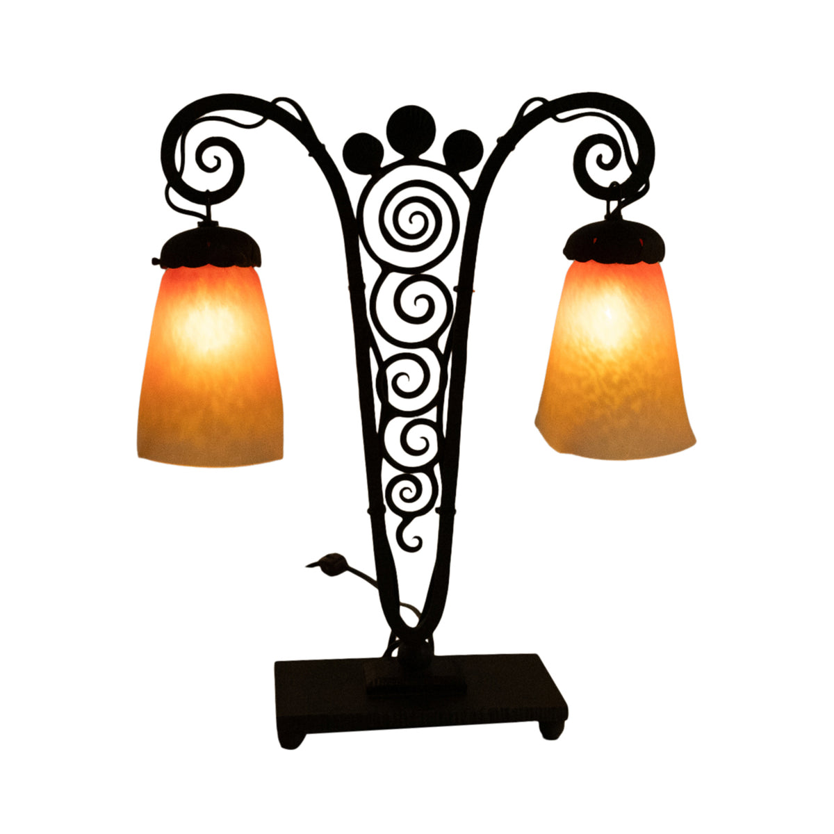 Antique French Art Deco Charles Schneider Art Glass Edgar Brandt Iron Lamp 1920