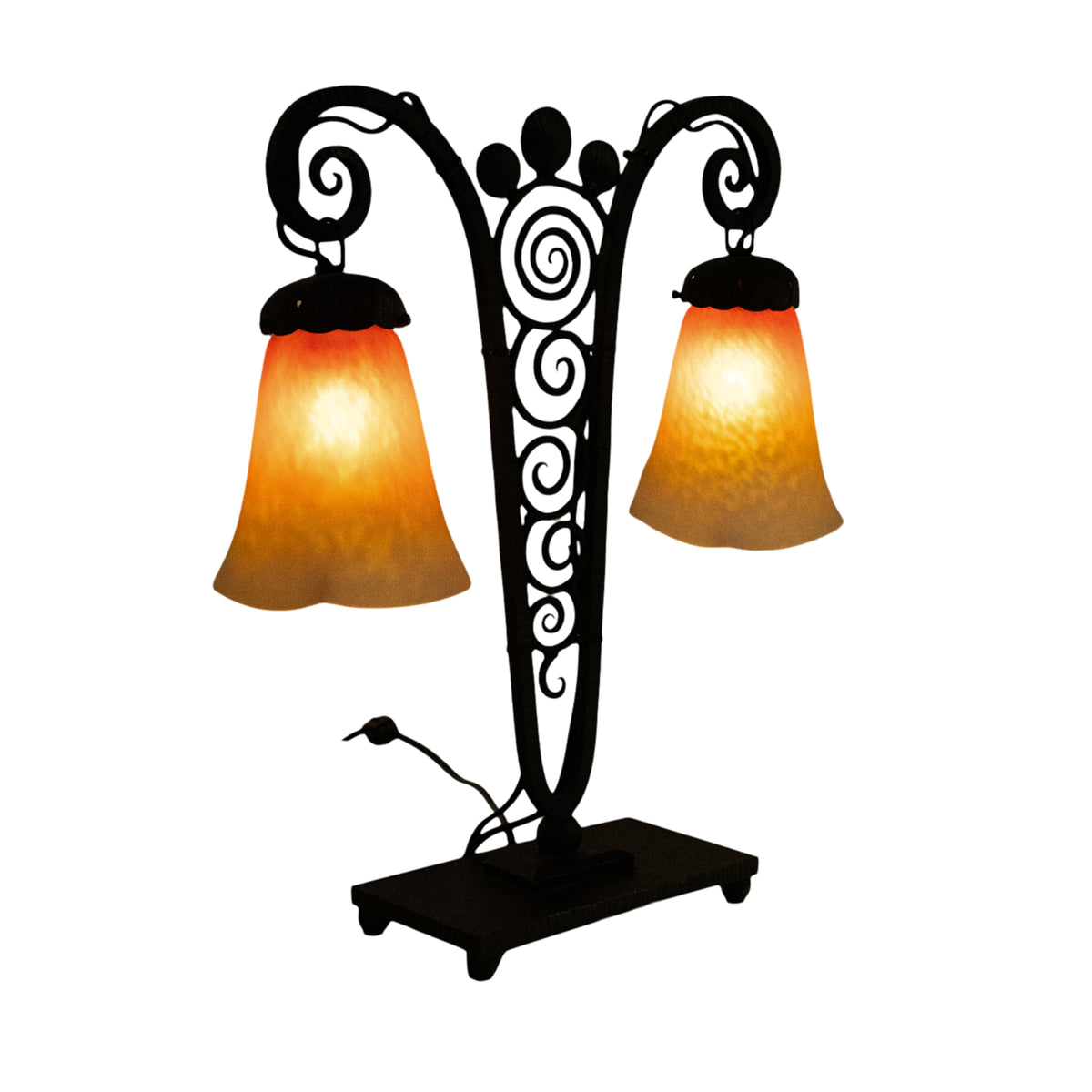 Antique French Art Deco Charles Schneider Art Glass Edgar Brandt Iron Lamp 1920