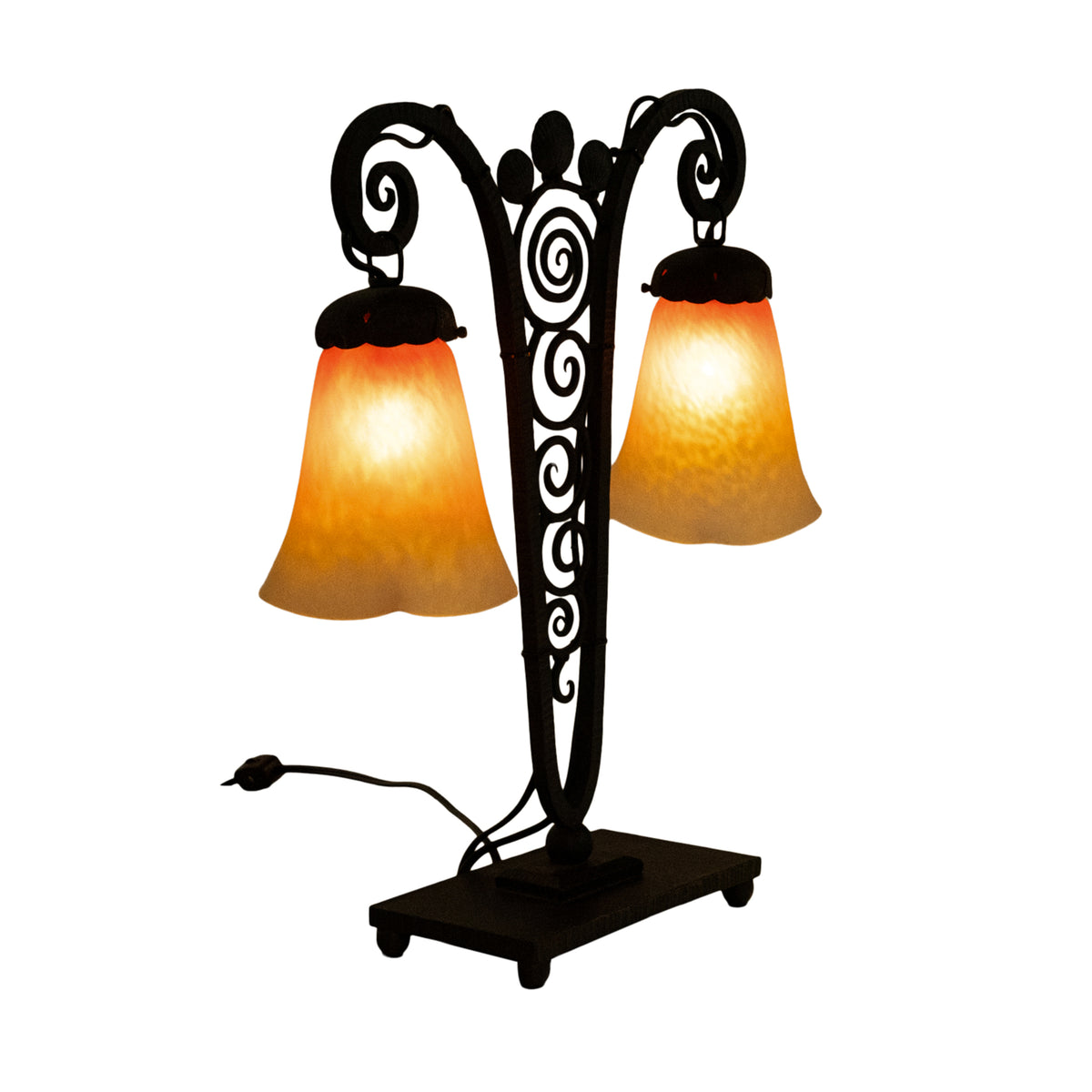 Antique French Art Deco Charles Schneider Art Glass Edgar Brandt Iron Lamp 1920