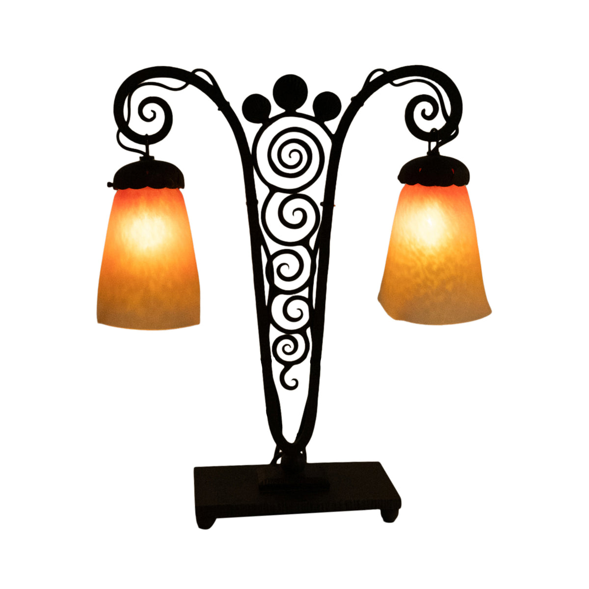 Antique French Art Deco Charles Schneider Art Glass Edgar Brandt Iron Lamp 1920