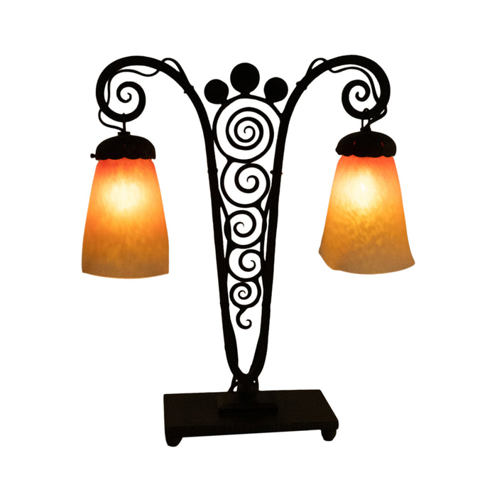 Antique French Art Deco Charles Schneider Art Glass Edgar Brandt Iron Lamp 1920