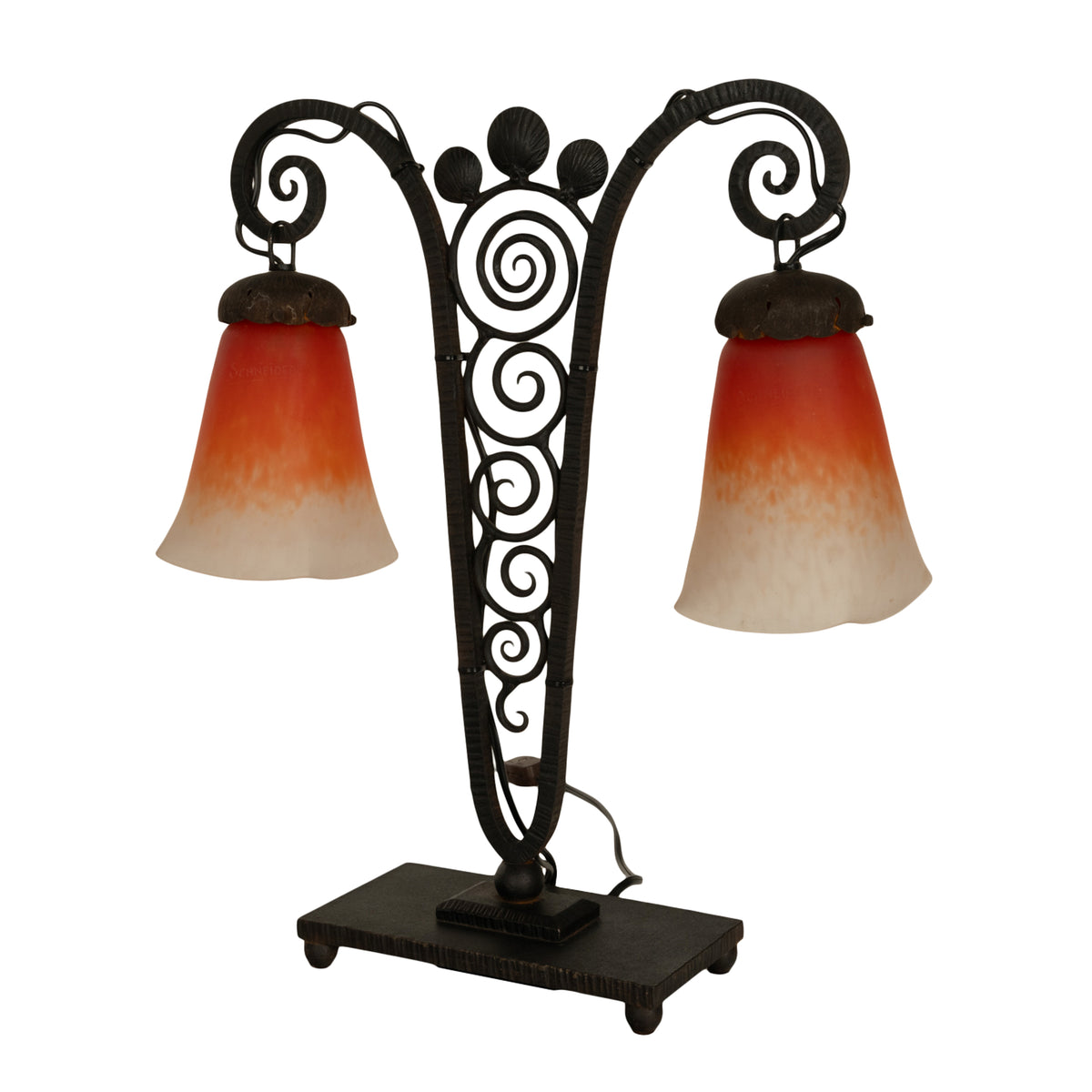 Antique French Art Deco Charles Schneider Art Glass Edgar Brandt Iron Lamp 1920
