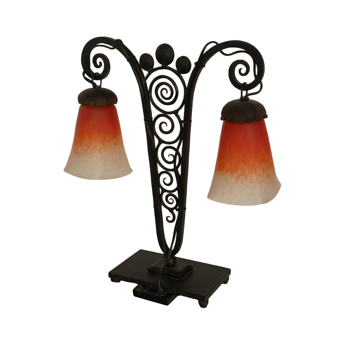 Antique French Art Deco Charles Schneider Art Glass Edgar Brandt Iron Lamp 1920