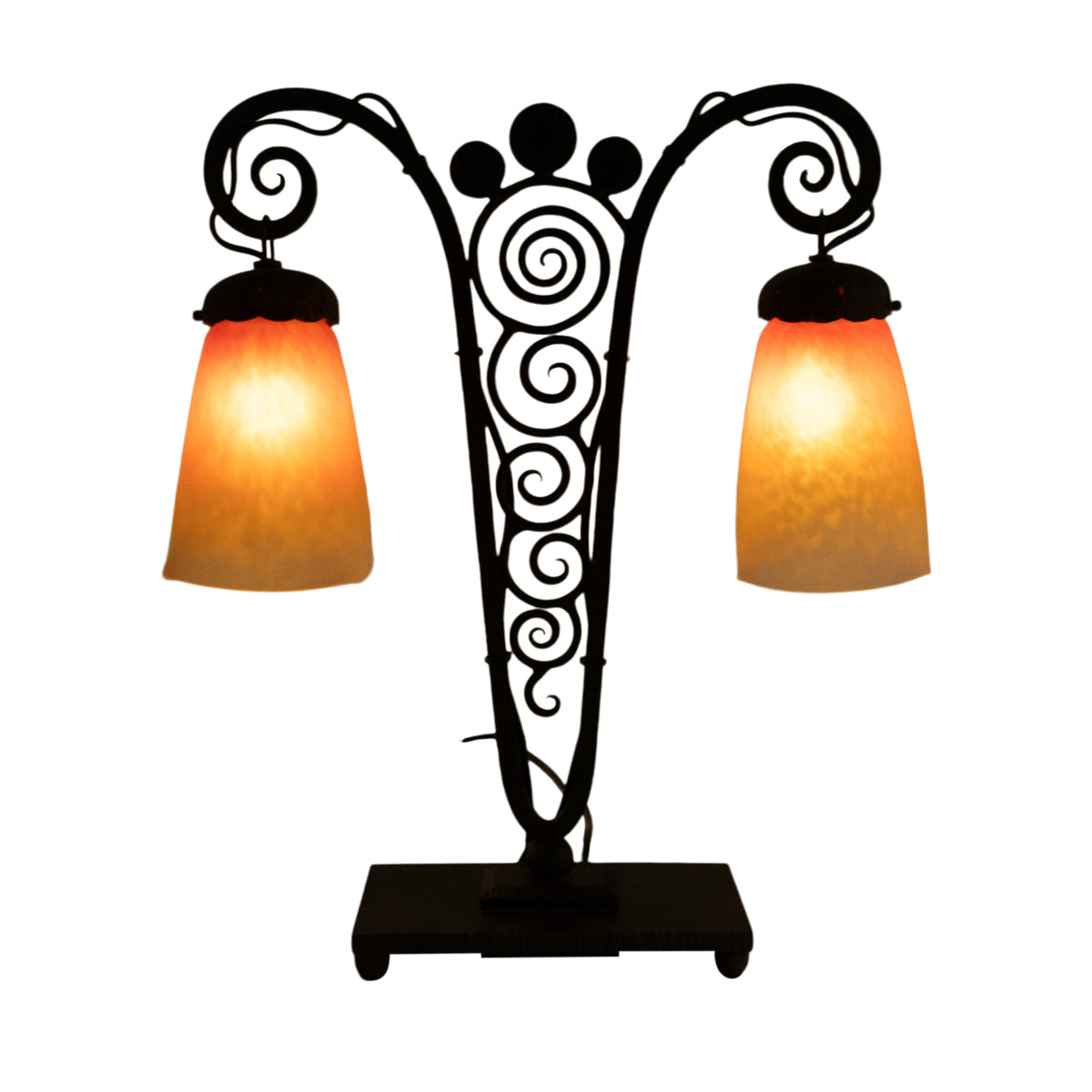 Antique French Art Deco Charles Schneider Art Glass Edgar Brandt Iron Lamp 1920