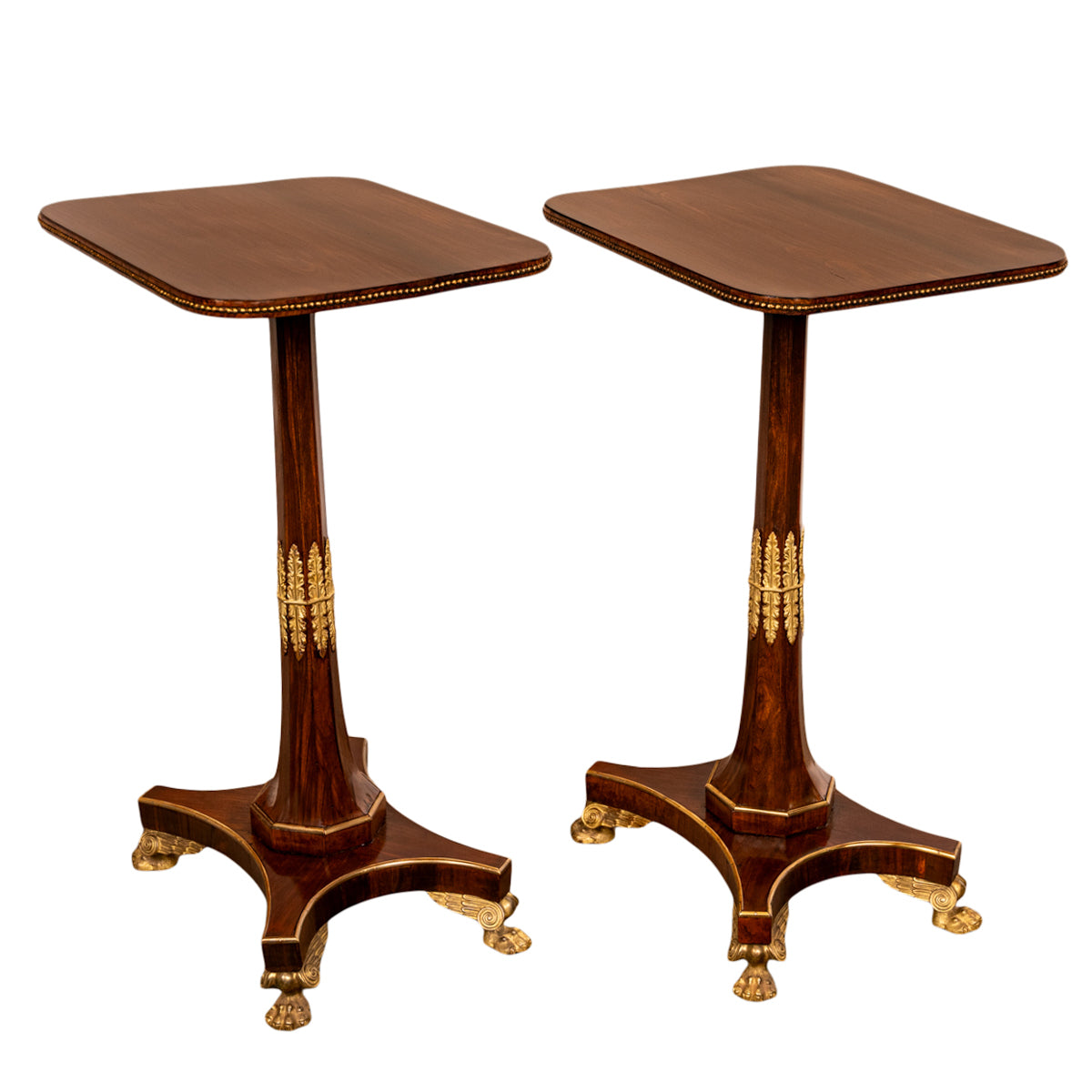 Pair Antique French Empire Napoleonic Neoclassical Rosewood Ormolu Side Tables, Circa 1805