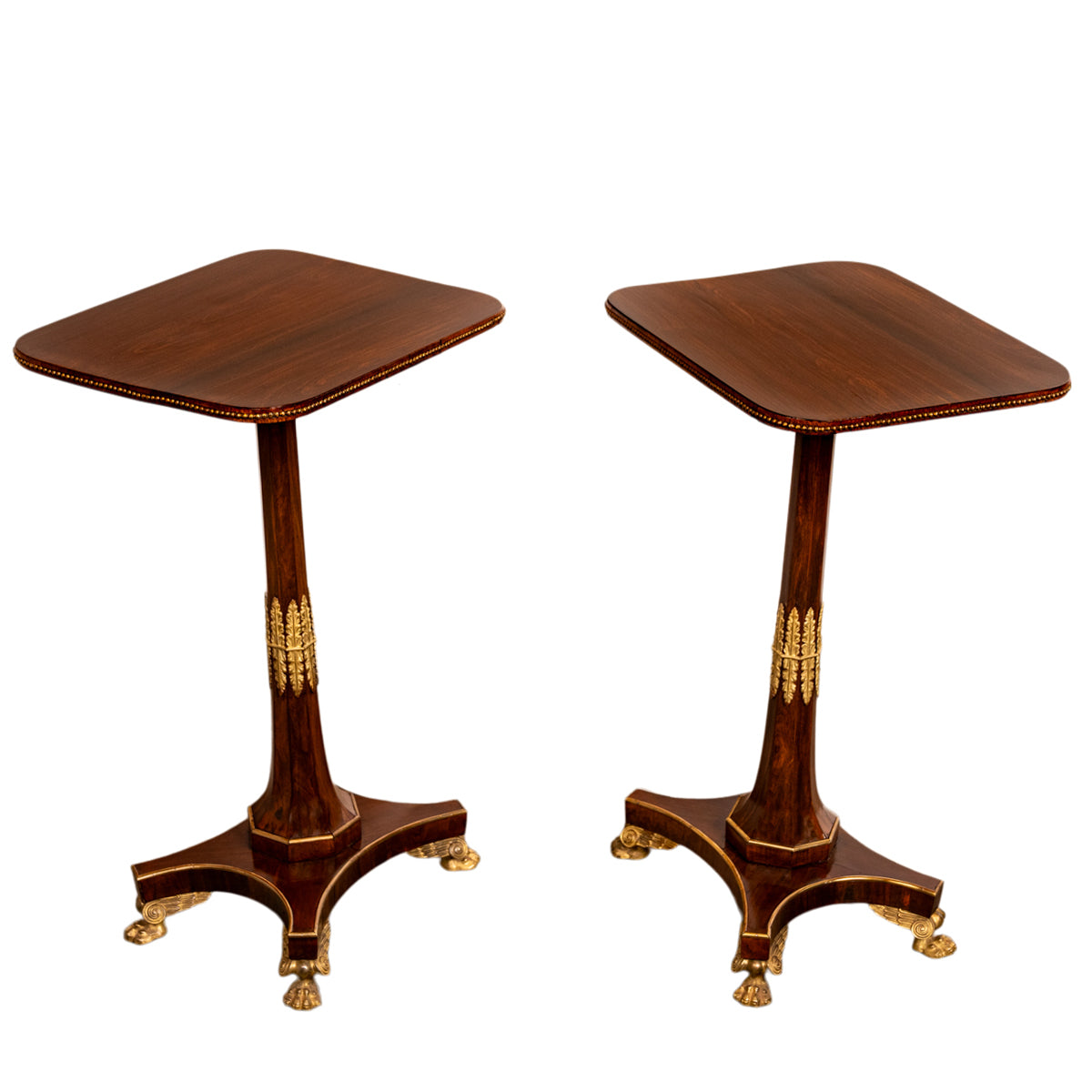 Pair Antique French Empire Napoleonic Neoclassical Rosewood Ormolu Side Tables, Circa 1805