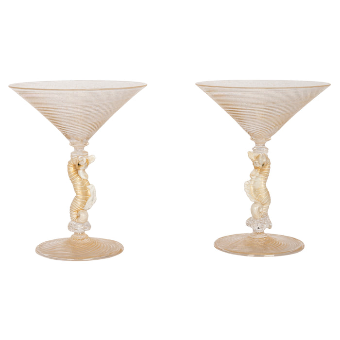 Pair Italian Venetian Murano Handblown Seahorse Cocktail Champagne Glasses Salviati 1910