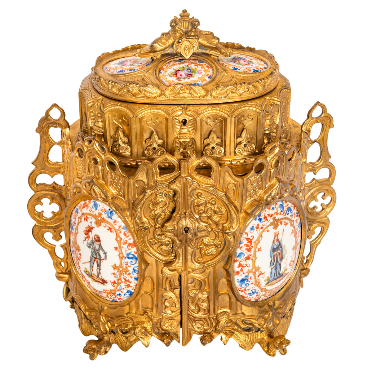 Antique French Gothic Revival Medieval Gilt Bronze Dore Reliquary Jewelry Box