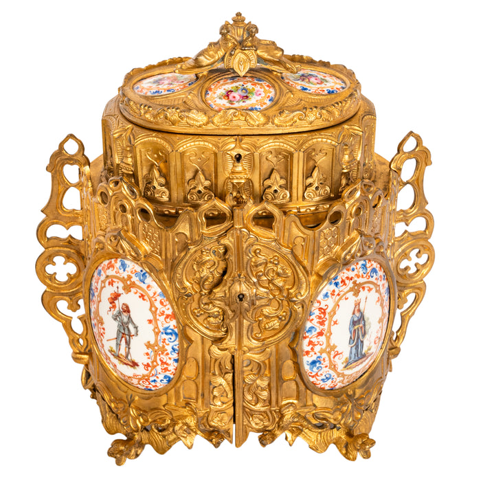 Antique French Gothic Revival Medieval Gilt Bronze Dore Reliquary Jewelry Box