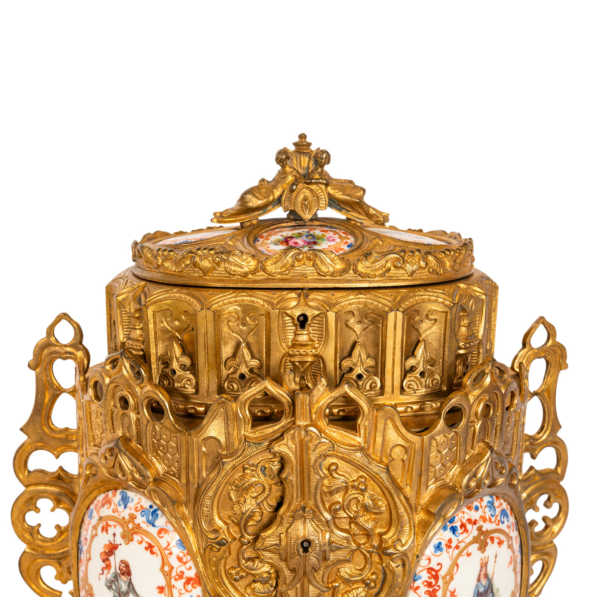 Antique French Gothic Revival Medieval Gilt Bronze Dore Reliquary Jewelry Box