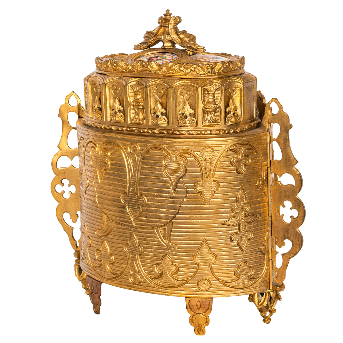 Antique French Gothic Revival Medieval Gilt Bronze Dore Reliquary Jewelry Box