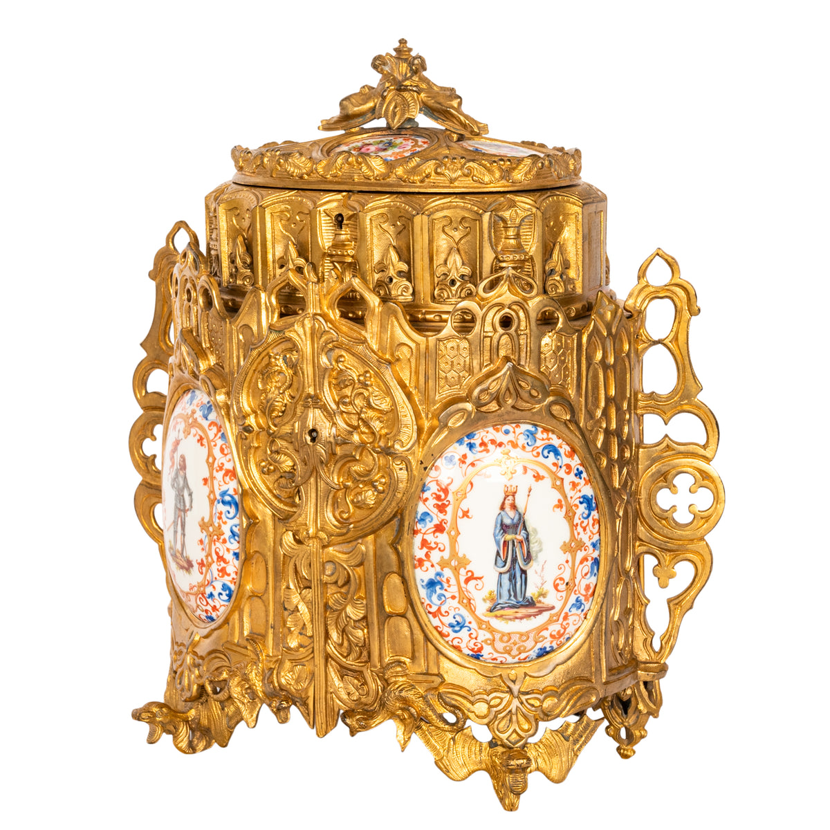 Antique French Gothic Revival Medieval Gilt Bronze Dore Reliquary Jewelry Box