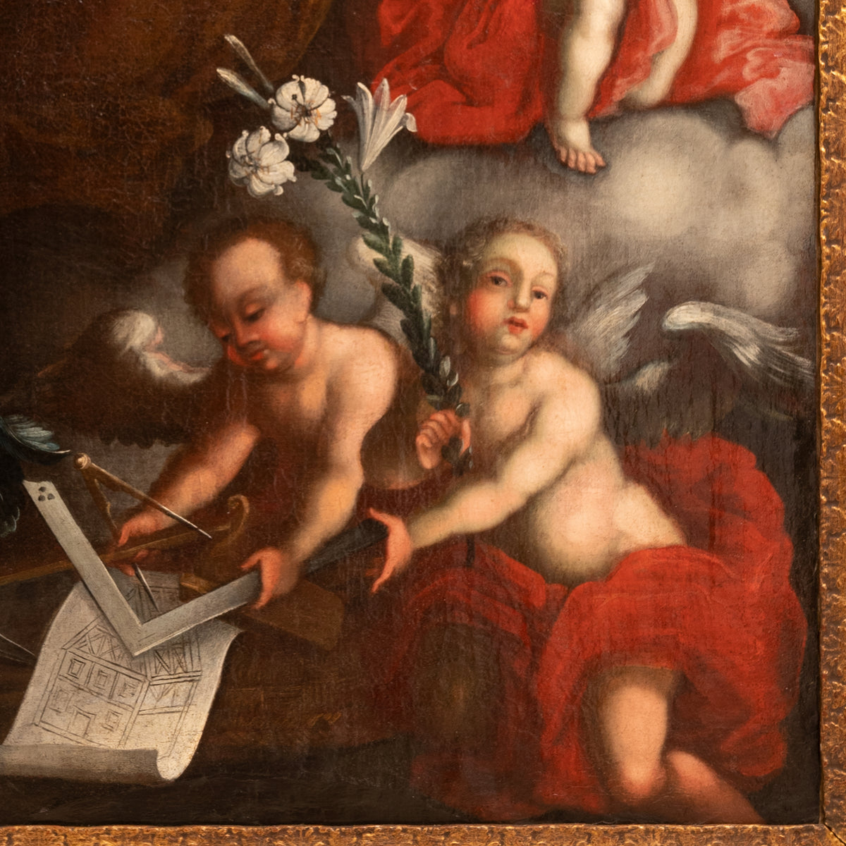 Austrian Old Master Baroque Oil on Canvas Painting Architecture Allegory Cherubs Franz Xaver Karl Palko 1750