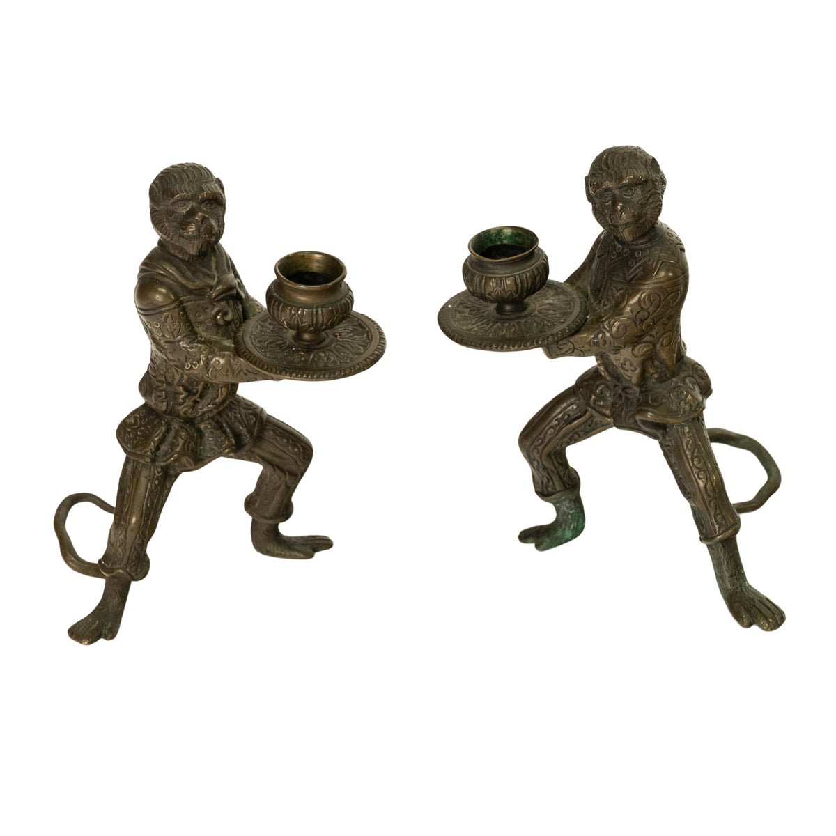 Pair Antique French Bronze Figural Monkey Statue Candleholders Candlesticks 1900