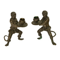 Pair Antique French Bronze Figural Monkey Statue Candleholders Candlesticks 1900