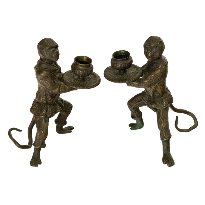 Pair Antique French Bronze Figural Monkey Statue Candleholders Candlesticks 1900