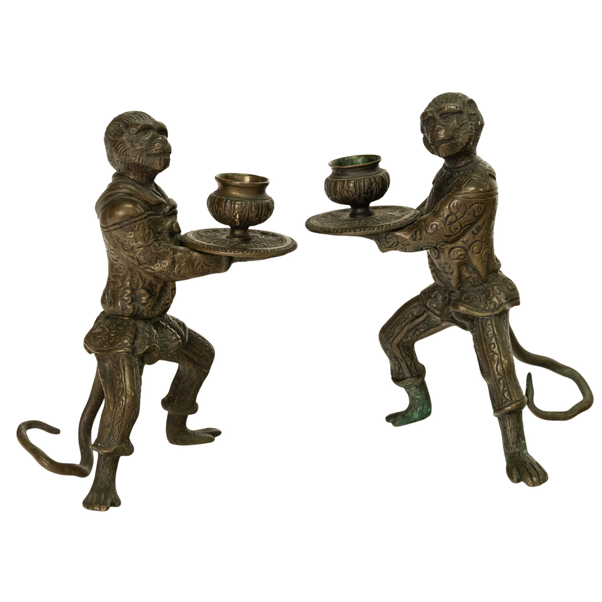 Pair Antique French Bronze Figural Monkey Statue Candleholders Candlesticks 1900