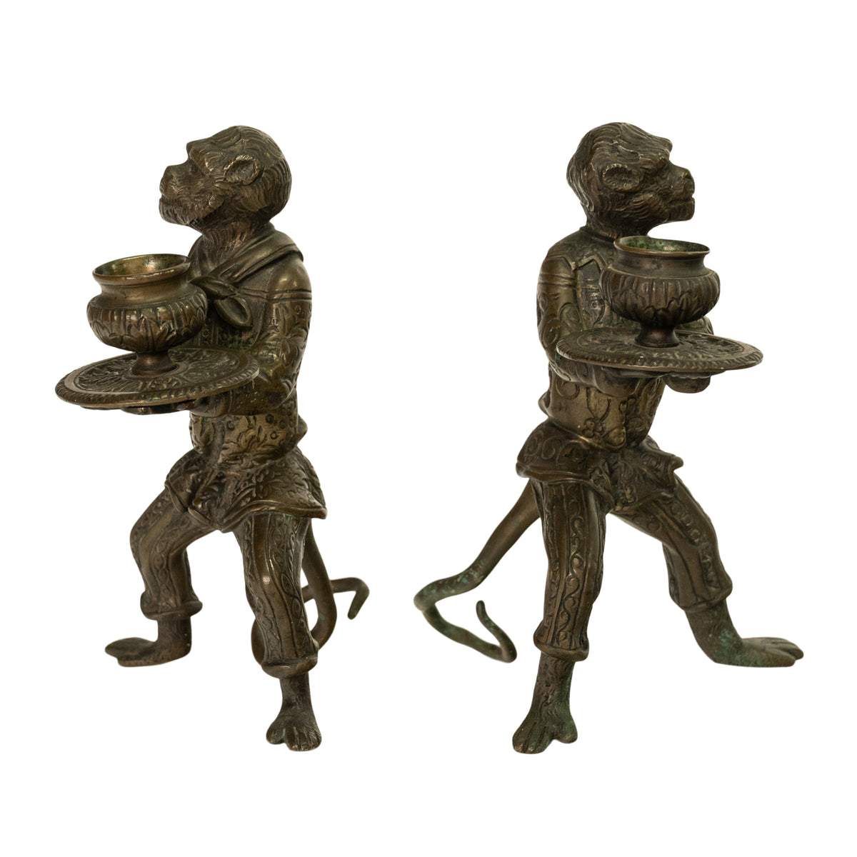 Pair Antique French Bronze Figural Monkey Statue Candleholders Candlesticks 1900