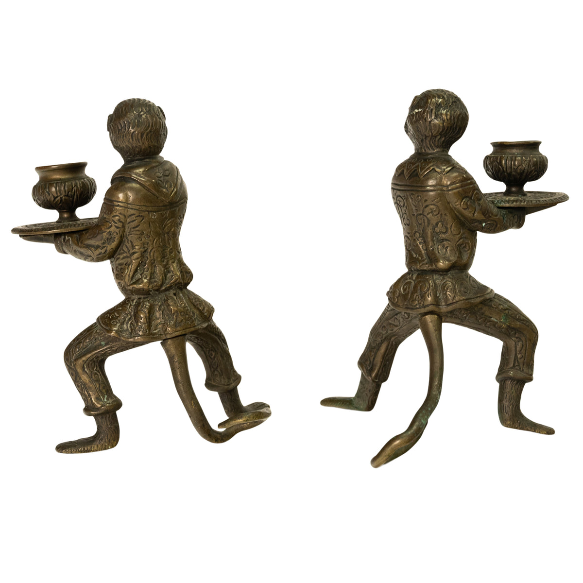 Pair Antique French Bronze Figural Monkey Statue Candleholders Candlesticks 1900