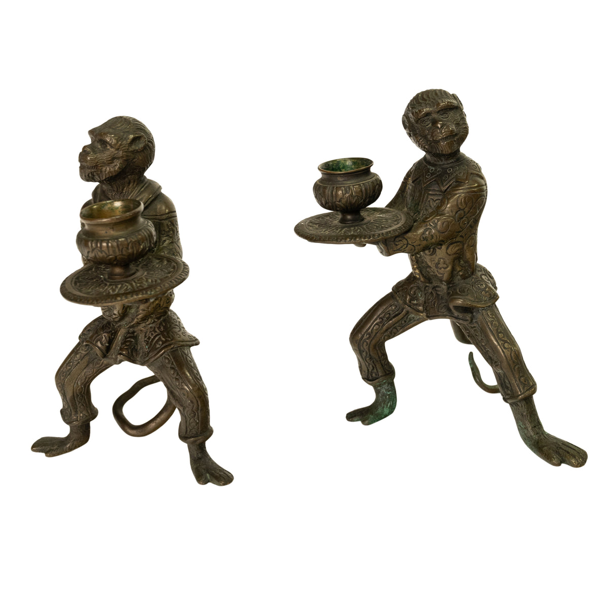 Pair Antique French Bronze Figural Monkey Statue Candleholders Candlesticks 1900