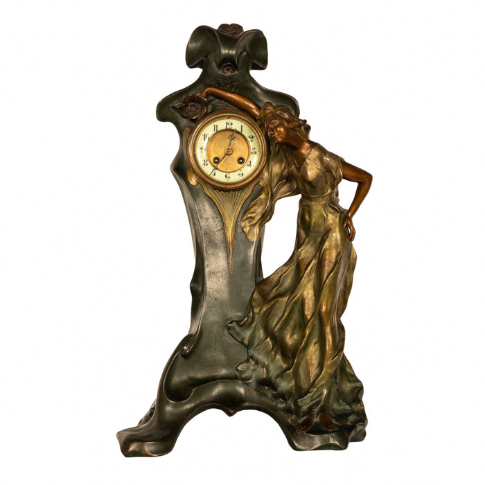 Antique French Art Nouveau Cold-Painted Bronze Figural Statue 8 Day Clock 1900