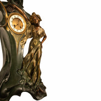 Antique French Art Nouveau Cold-Painted Bronze Figural Statue 8 Day Clock 1900