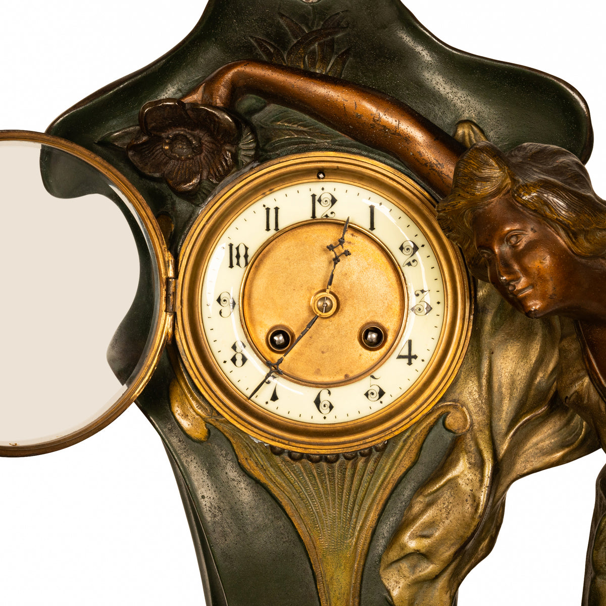 Antique French Art Nouveau Cold-Painted Bronze Figural Statue 8 Day Clock 1900