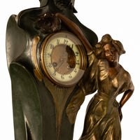 Antique French Art Nouveau Cold-Painted Bronze Figural Statue 8 Day Clock 1900