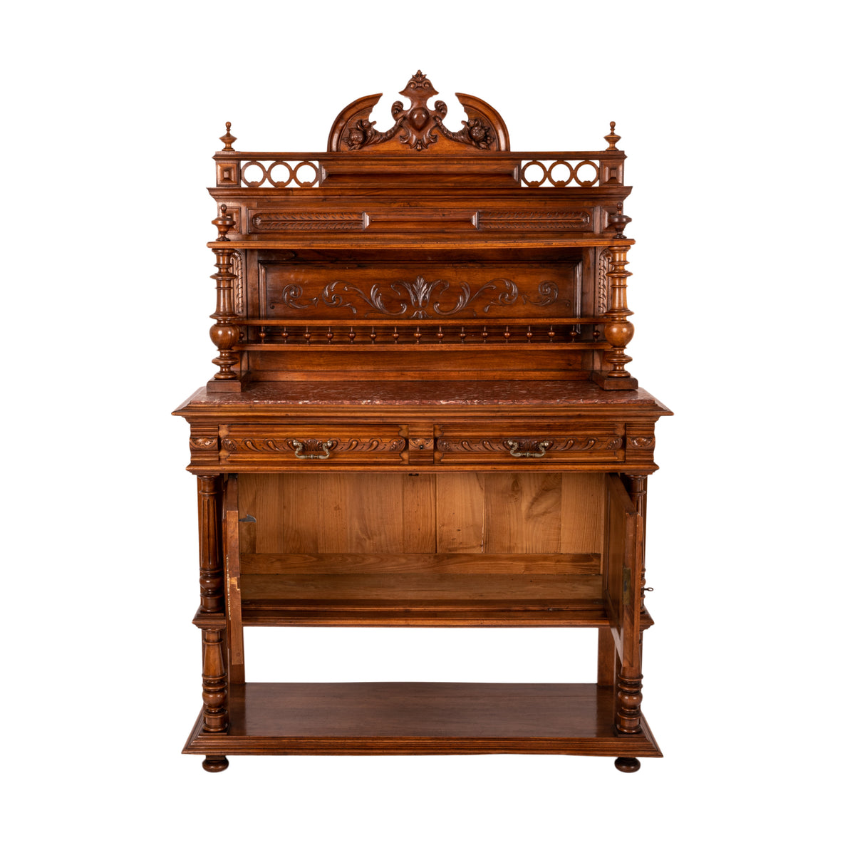 French Antique Carved Marble Top Renaissance Revival Dessert Server Buffet 1880