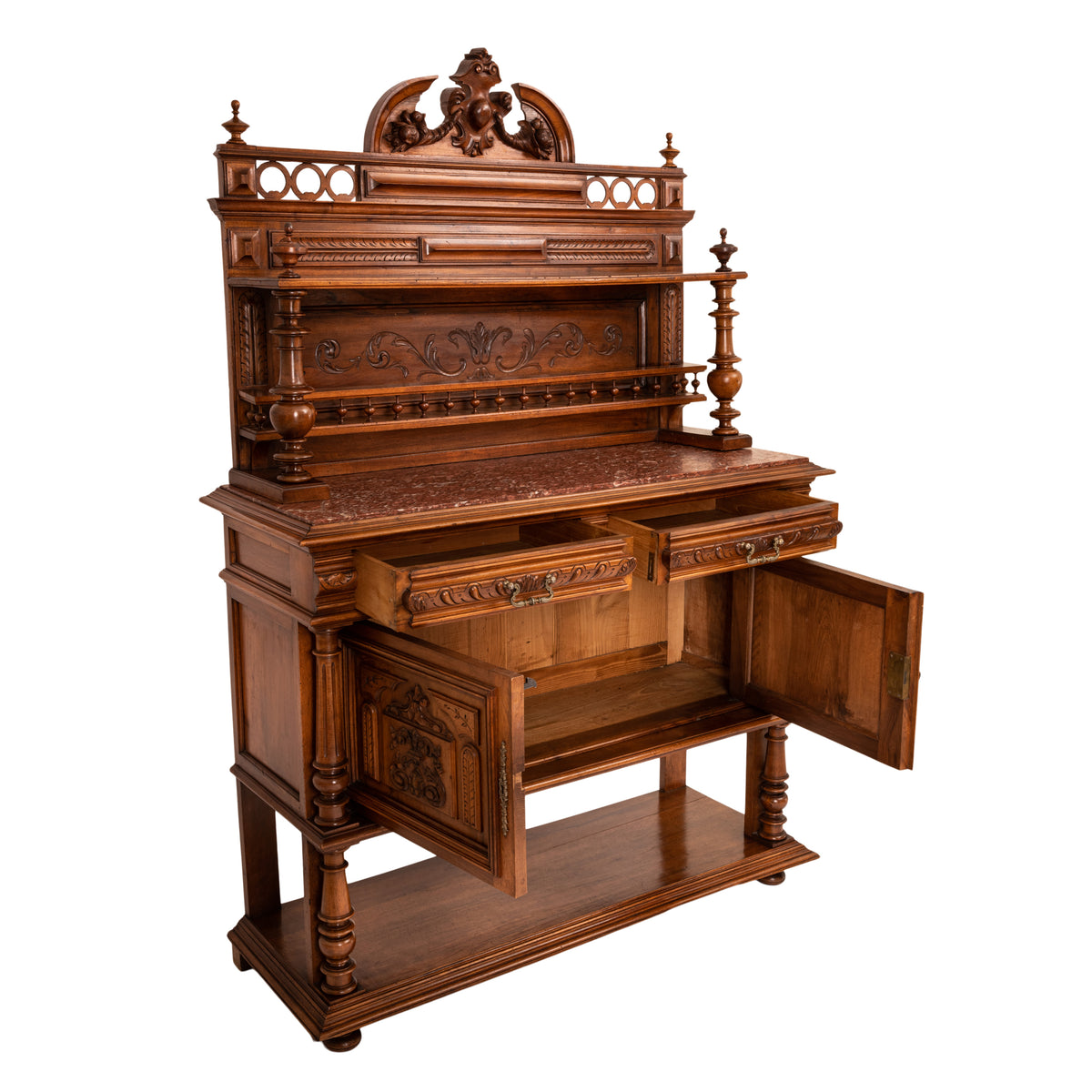 French Antique Carved Marble Top Renaissance Revival Dessert Server Buffet 1880