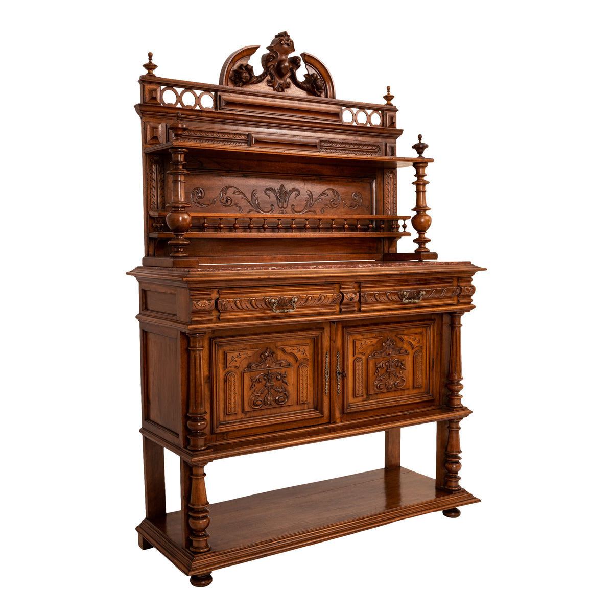 French Antique Carved Marble Top Renaissance Revival Dessert Server Buffet 1880