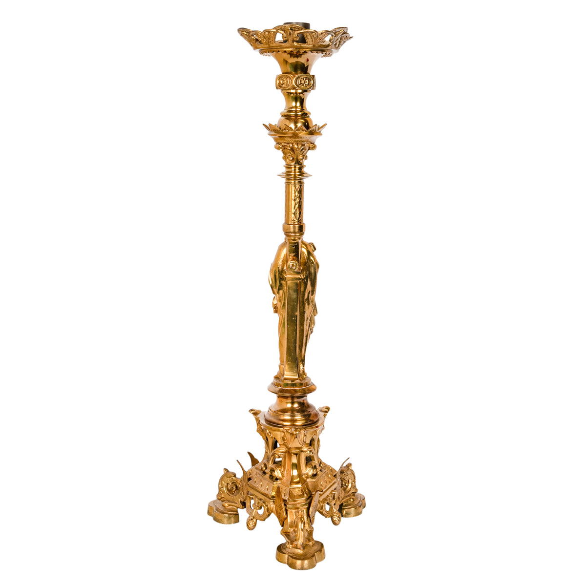 Large Antique French Gilt Bronze Gothic Church Altar Jesus Statue Griffins Candlestick 1890