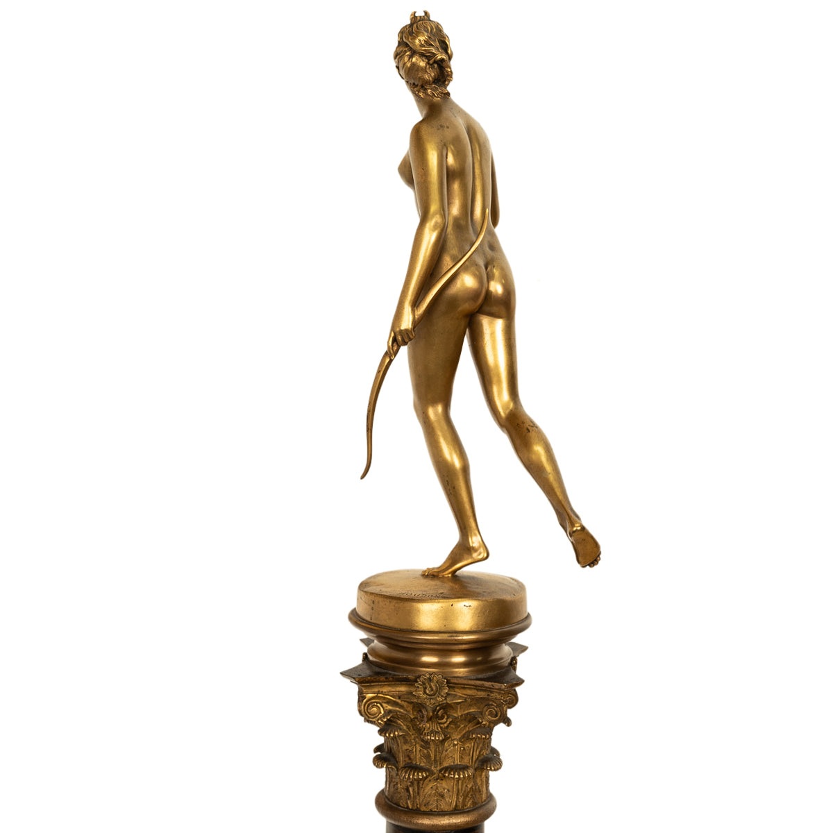Antique 34" tall French Grand Tour Gilt Bronze Statue on Column Diana the Huntress F. Barbedienne 1838