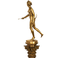 Antique 34" tall French Grand Tour Gilt Bronze Statue on Column Diana the Huntress F. Barbedienne 1838