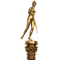 Antique 34" tall French Grand Tour Gilt Bronze Statue on Column Diana the Huntress F. Barbedienne 1838