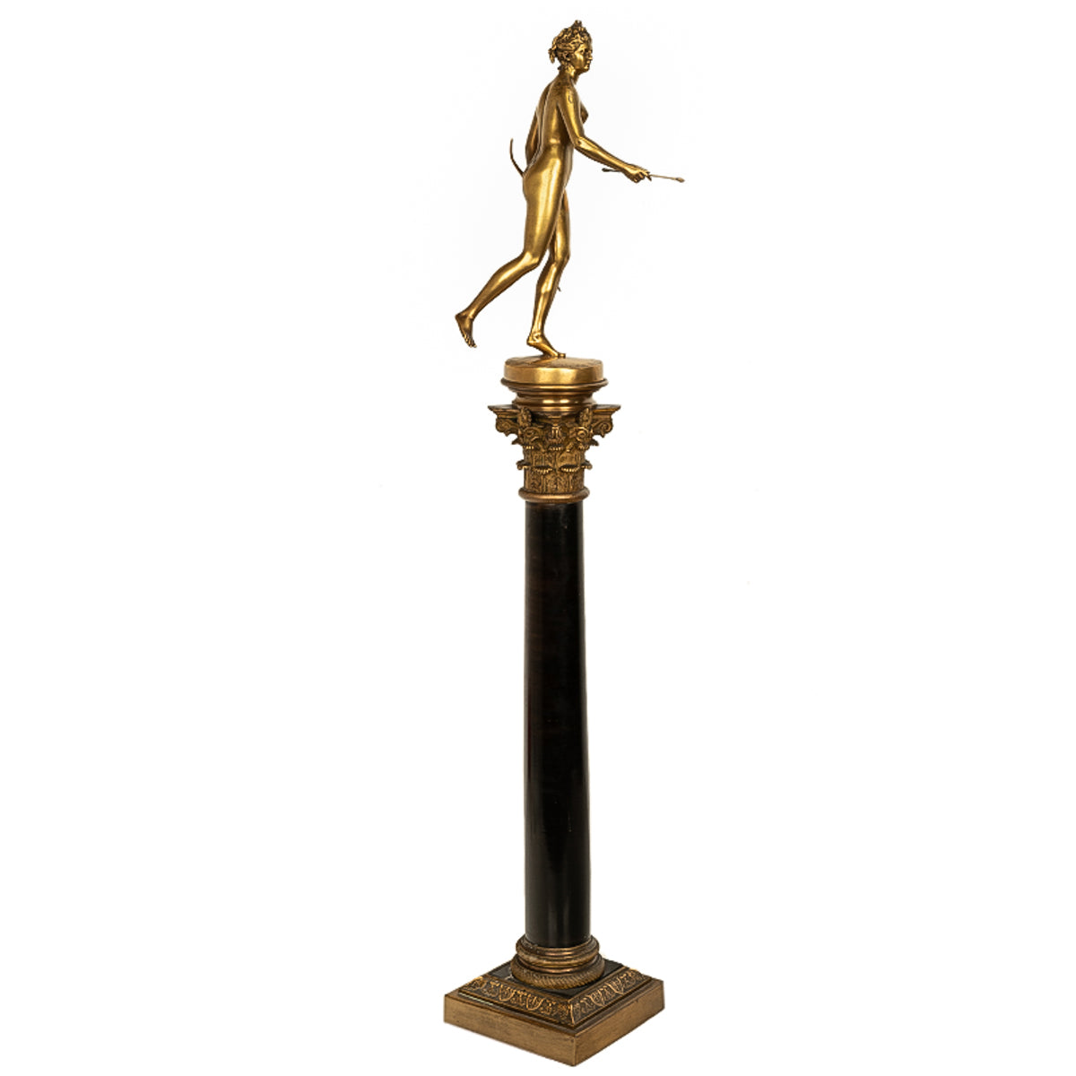 Antique 34" tall French Grand Tour Gilt Bronze Statue on Column Diana the Huntress F. Barbedienne 1838