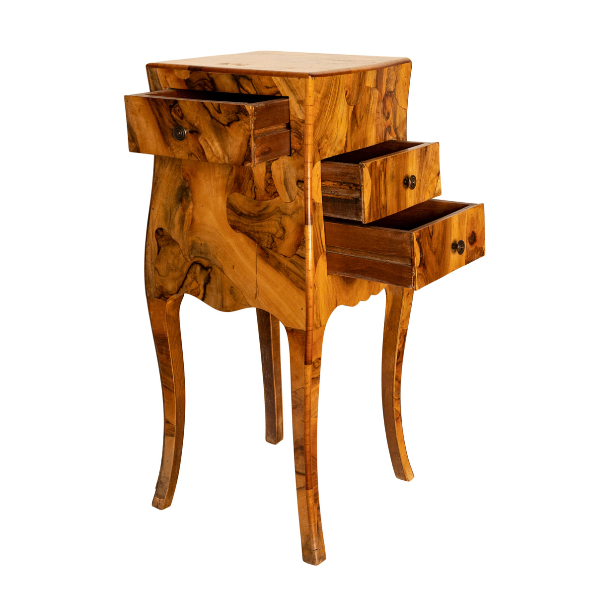 Antique Italian Biedermeier Oyster Burl Wood Nightstand Side Table Cabinet 1900