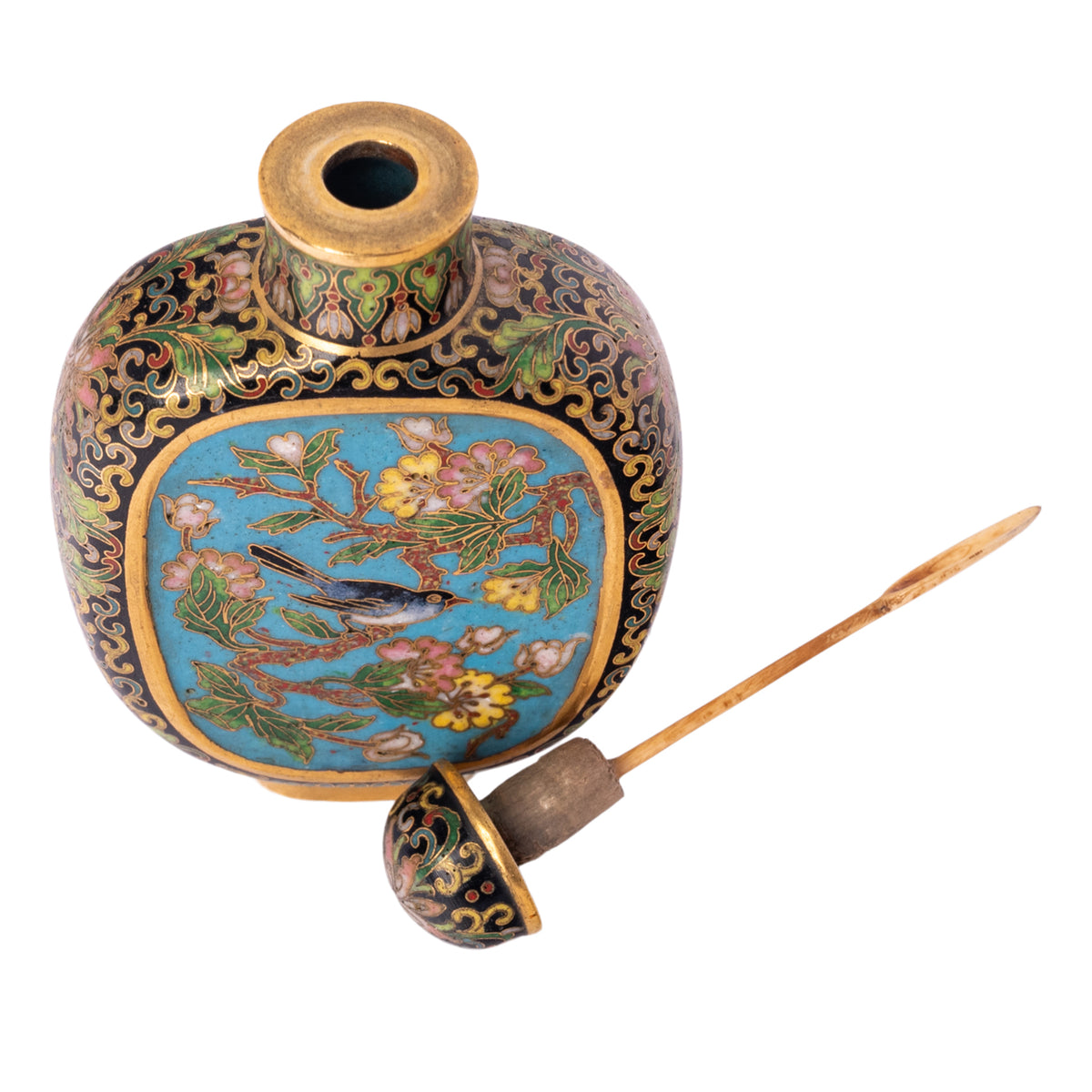 Antique 18th Century Chinese Qianlong 16 Karat Gold Cloisonne Enamel Snuff Bottle Mark Period