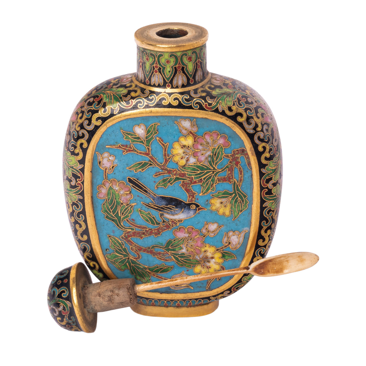 Antique 18th Century Chinese Qianlong 16 Karat Gold Cloisonne Enamel Snuff Bottle Mark Period