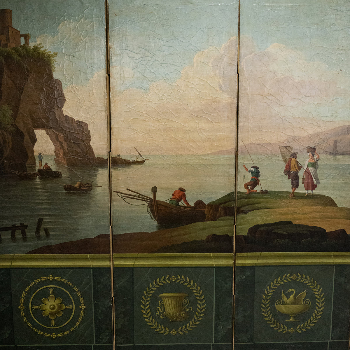 Antique Italian Oil on Canvas Painted Neo-Classical Screen Room Divider 1860