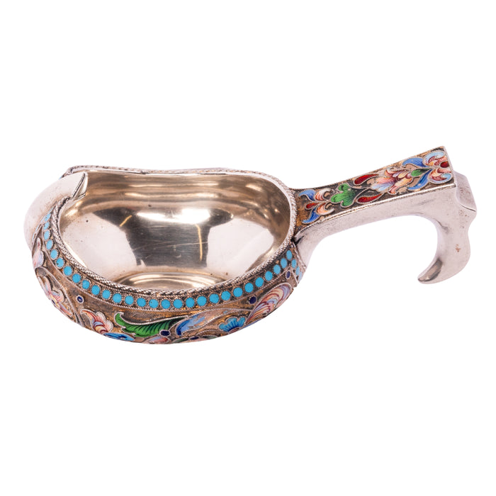 Antique Imperial Russian Silver Gilt Cloisonne Kovsh Nikolay Strulev Moscow 1908