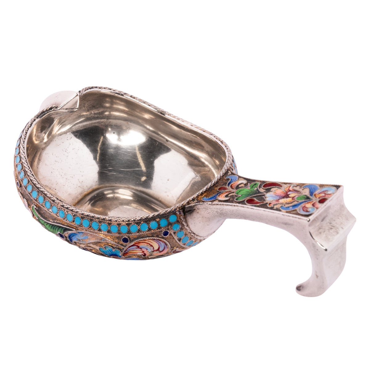 Antique Imperial Russian Silver Gilt Cloisonne Kovsh Nikolay Strulev Moscow 1908