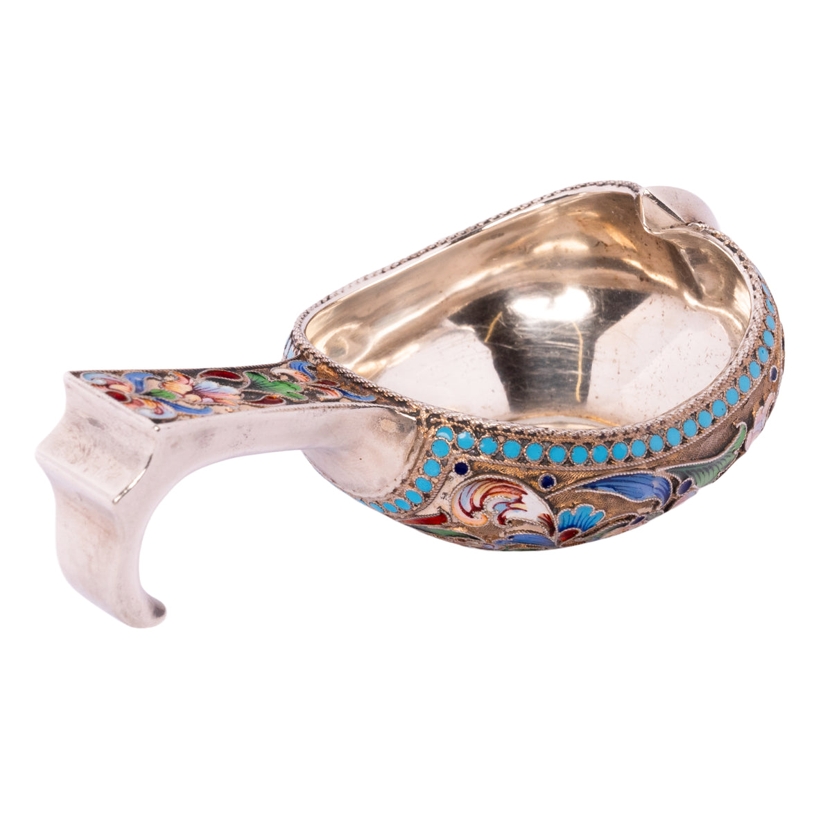 Antique Imperial Russian Silver Gilt Cloisonne Kovsh Nikolay Strulev Moscow 1908