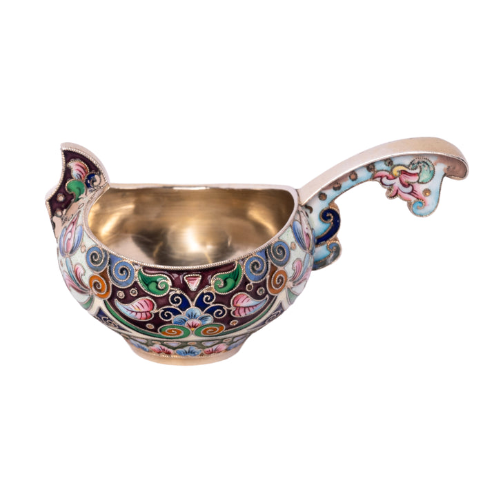 Antique Imperial Russian Silver Gold Gilt Cloisonne Kovsh Moscow 6th Artel 1908